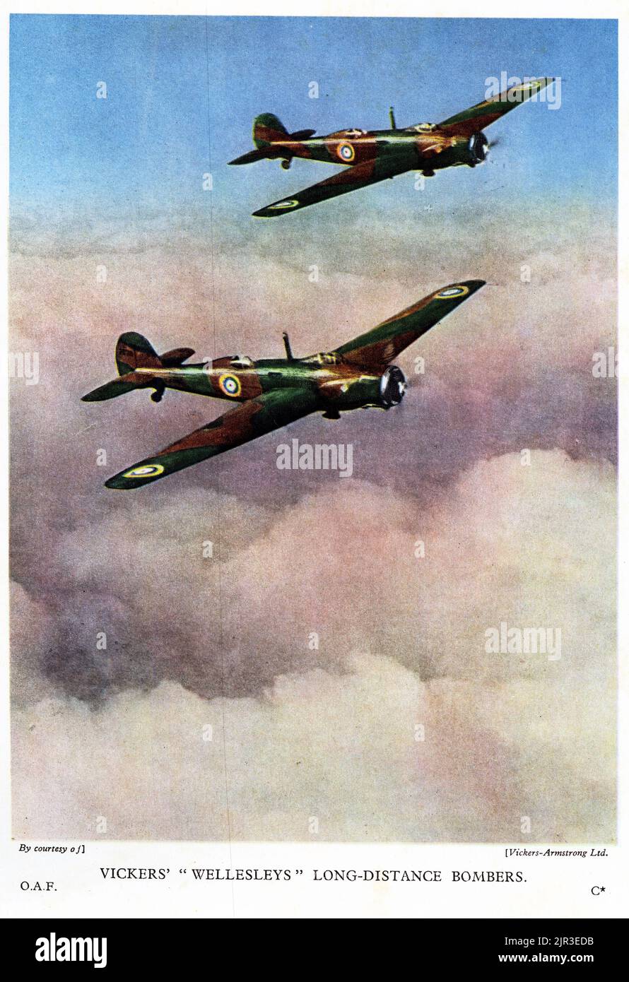 Halbton einer Staffel von Vickers Wellesleys Langstreckenbombern, die während des Zweiten Weltkriegs in Formation flogen, veröffentlicht 1942. Stockfoto