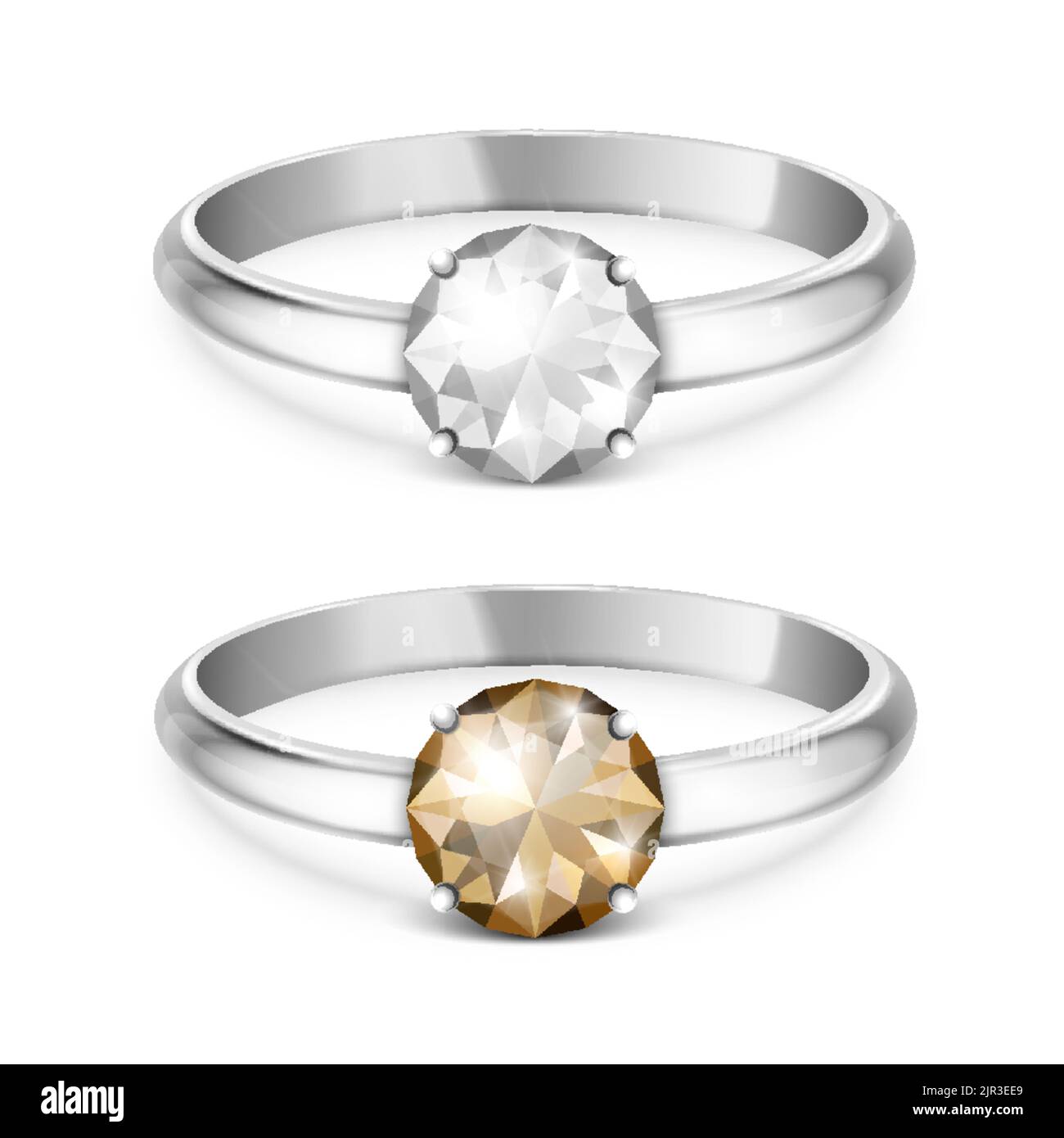 Vector 3D realistischer Silbermetall-Hochzeitsring mit weißem und braunem Edelstein, Diamant-Nahaufnahme isoliert. Design-Vorlage aus glänzendem Silberring. Seite Stock Vektor