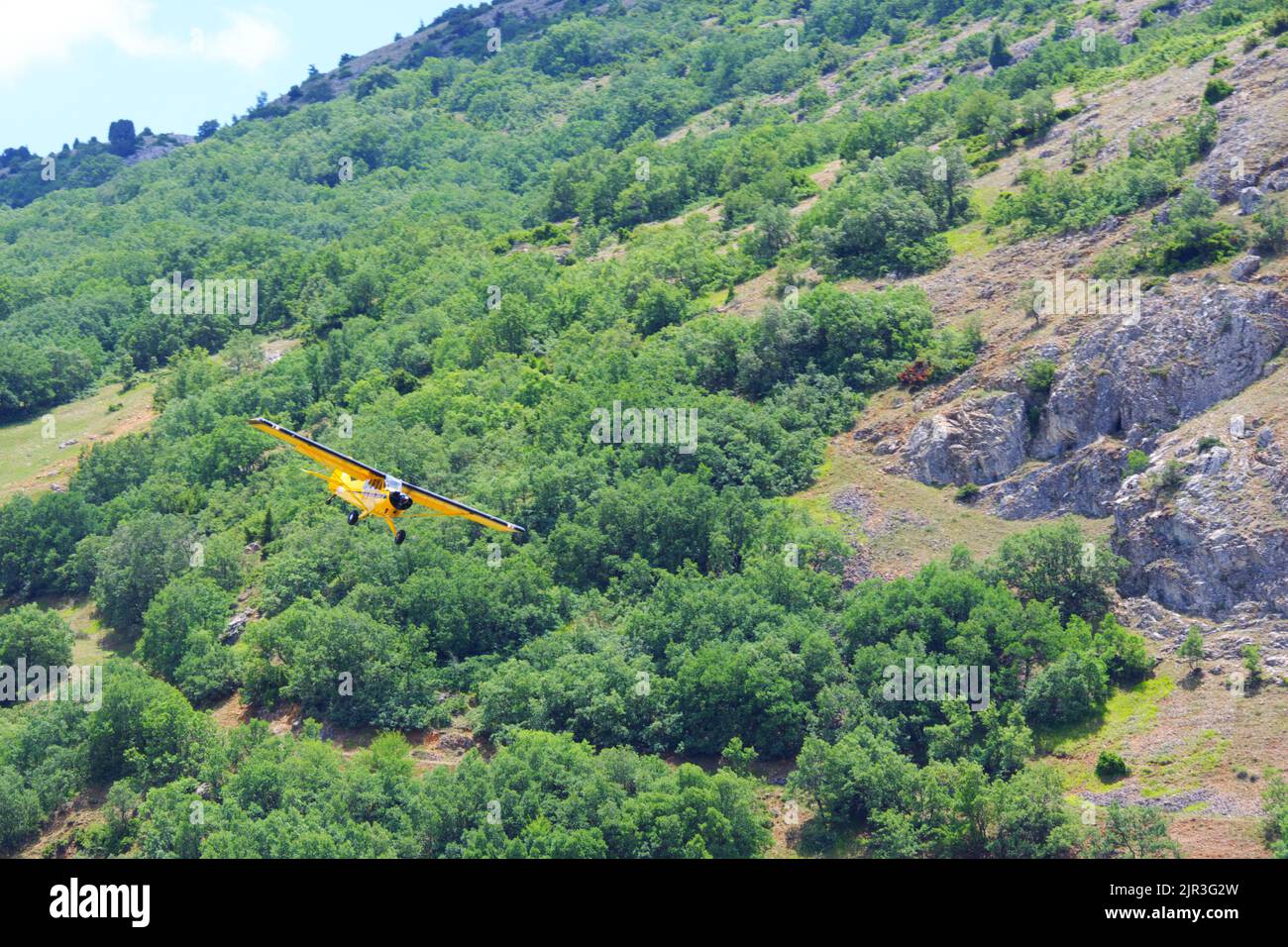 Ein einmotoriger gelber Flieger, der in geringer Höhe nahe am Boden fliegt Stockfoto