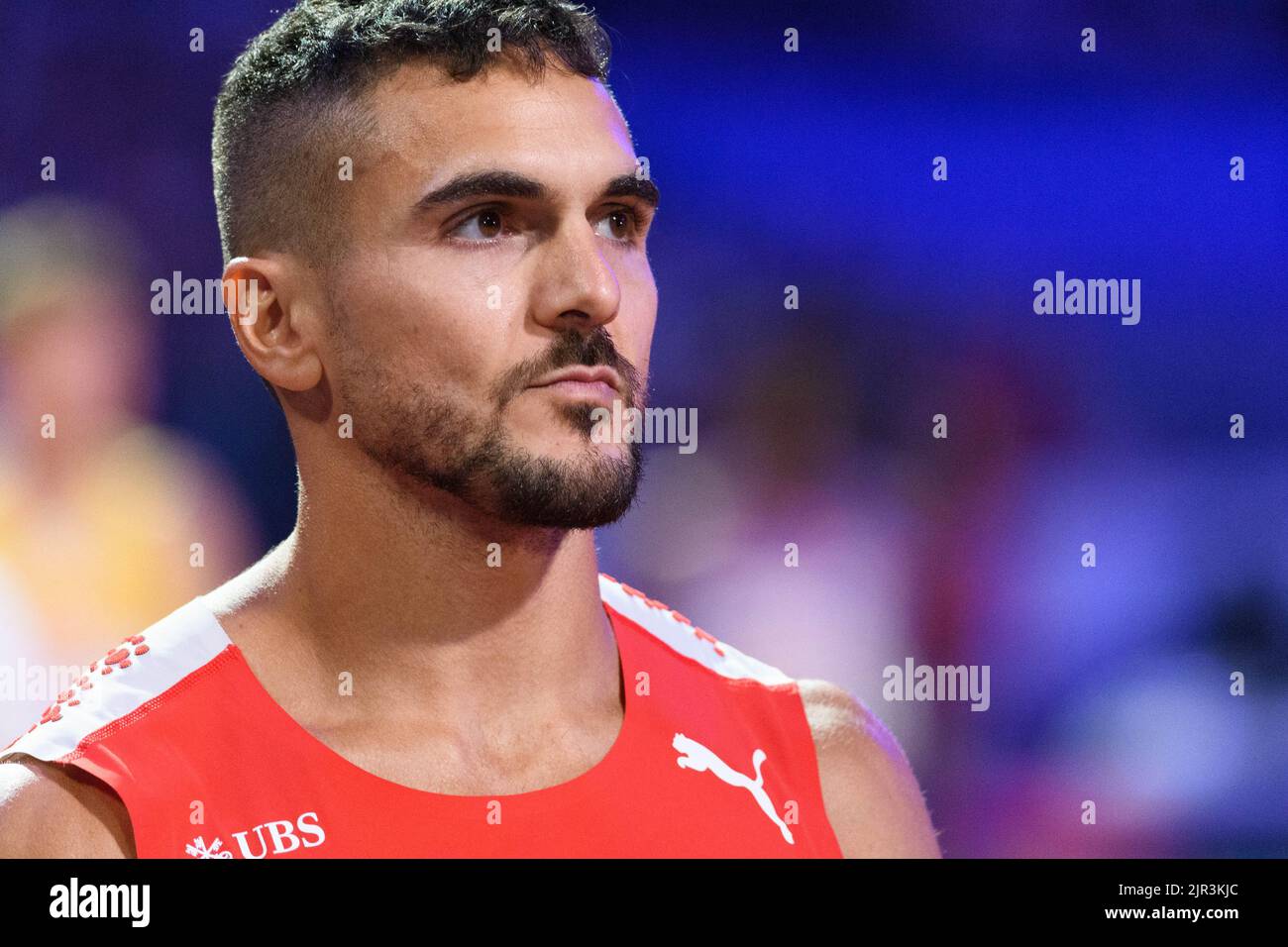 21,8.2022, München, Olympiastadion, Europameisterschaft München 2022: Leichtathletik, Pascal Mancini (Schweiz) beim Start des Mens-4x100-m-Staffelfinales (Sven Beyrich/SPP-JP) Quelle: SPP Sport Pressefoto. /Alamy Live News Stockfoto