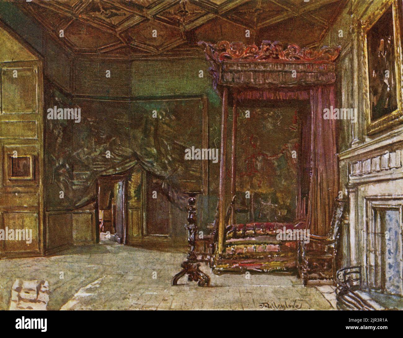 Die Wohnungen von Mary Queen of Scots im Holyrood Palace, in Edinburgh, Schottland, um 1920, zeigen ein altes Bett im Schlafzimmer und eine Tür zum Esszimmer. Stockfoto