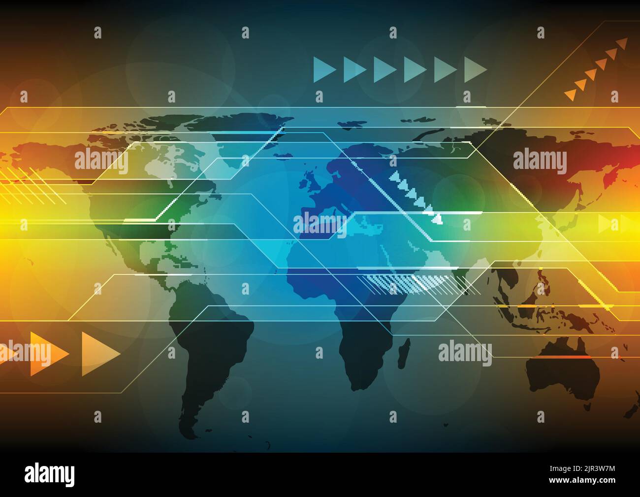Abstrakter, leuchtendes Orange und blauer Technologiehintergrund mit Weltkarte. Vektorgrafik Stock Vektor