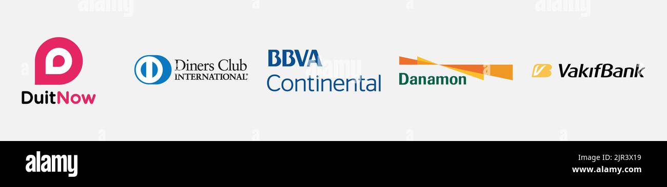 Duit Now-Logo, BBVA Continental-Logo, Diners Club International-Logo, Vakifbank-Logo, Danamon-Logo, Finanzlogo, Satz beliebter Logos auf pape Stock Vektor