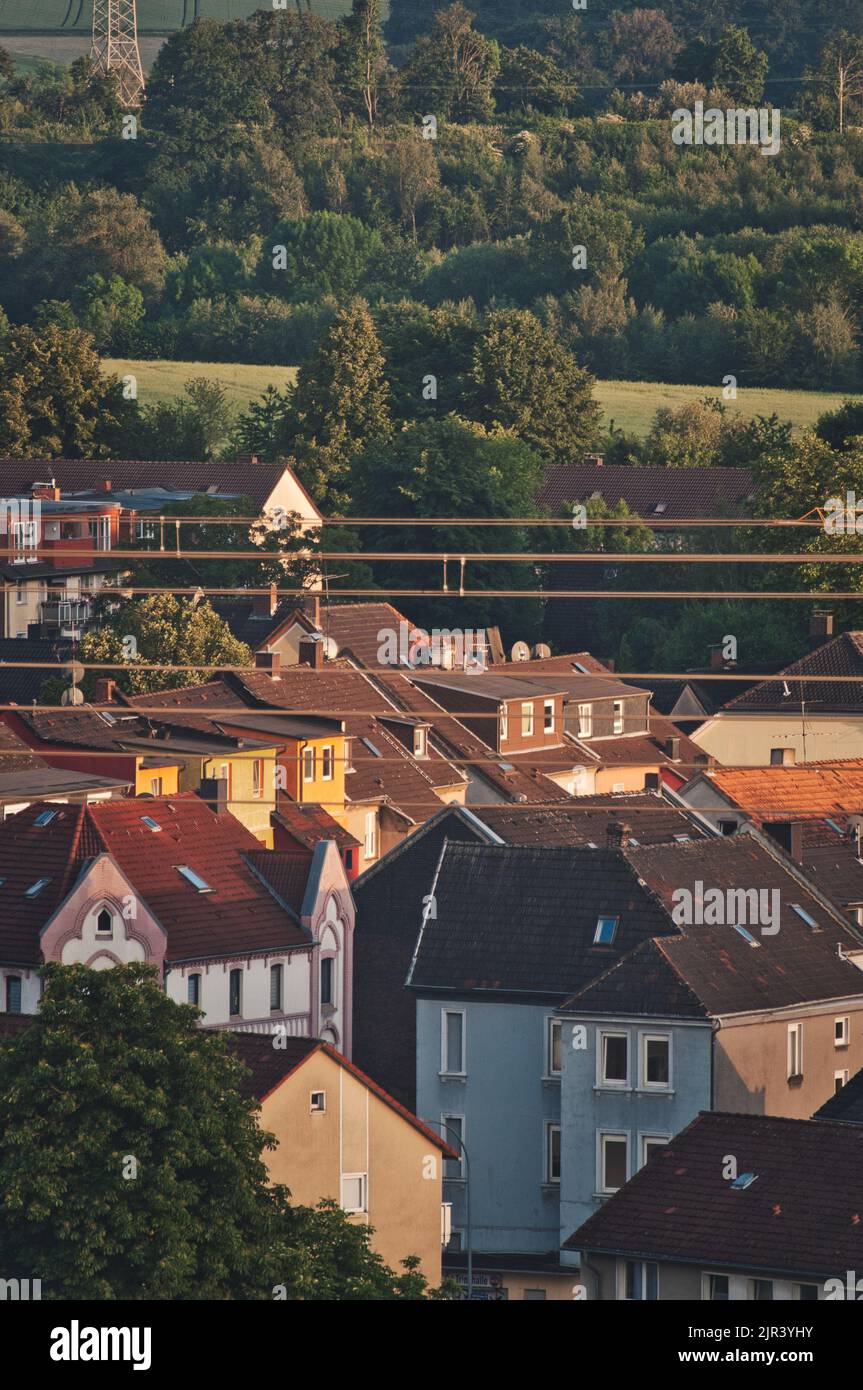 Eine vertikale Aufnahme von schönen, von immergrünen Bäumen umgebenen Kollirierhäusern im Ruhrgebiet Stockfoto