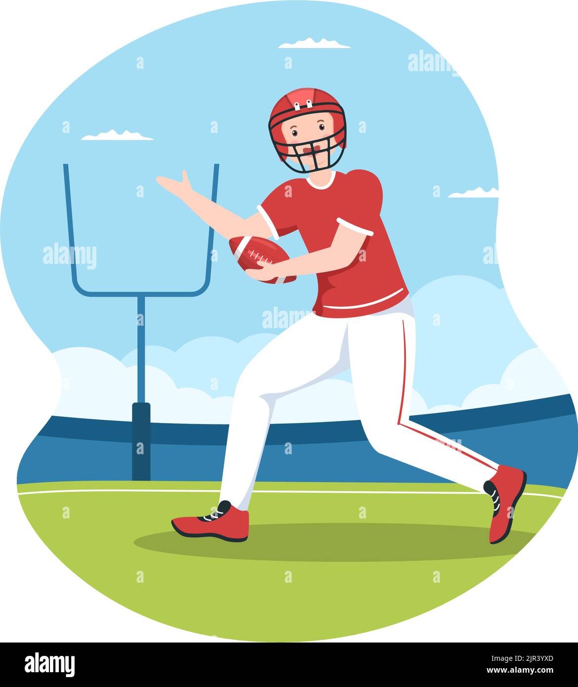 American Football Sports Player with the Game verwendet einen ovalen Ball und ist auf dem Feld von Hand gezeichnete Cartoon-flache Illustration braun Stock Vektor