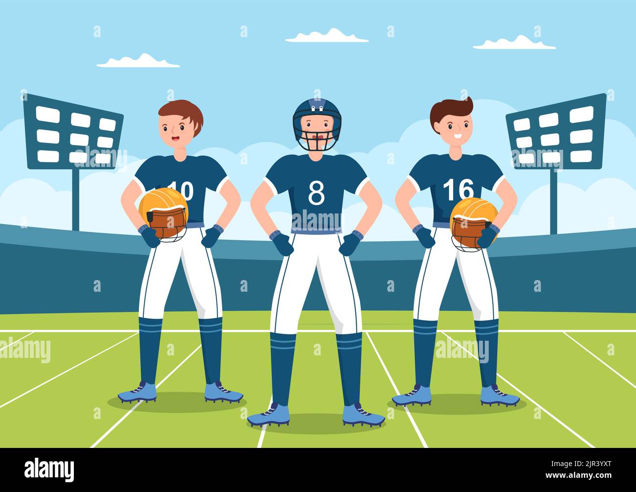 American Football Sports Player with the Game verwendet einen ovalen Ball und ist auf dem Feld von Hand gezeichnete Cartoon-flache Illustration braun Stock Vektor