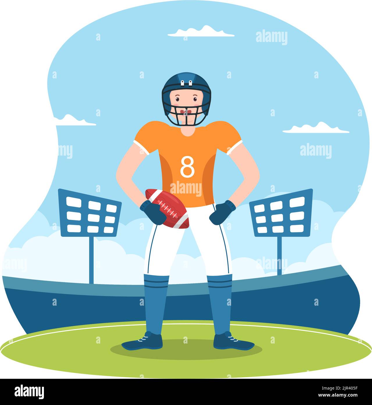 American Football Sports Player with the Game verwendet einen ovalen Ball und ist auf dem Feld von Hand gezeichnete Cartoon-flache Illustration braun Stock Vektor