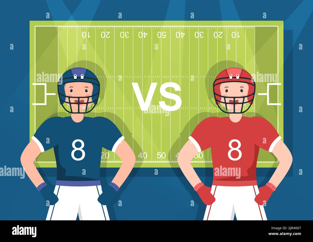 American Football Sports Player with the Game verwendet einen ovalen Ball und ist auf dem Feld von Hand gezeichnete Cartoon-flache Illustration braun Stock Vektor