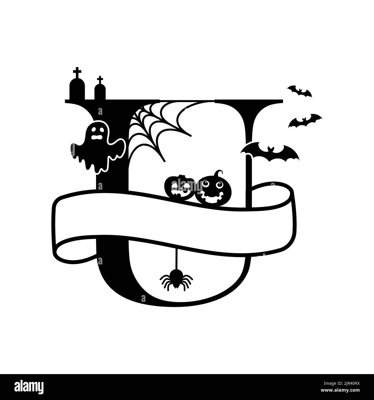 Niedliches Halloween-Buchstabe U geteilt Monogramm. Cartoon Geist, Kürbis, Fledermaus für Kinder T-Shirt, Baumschuldekoration, Babydusche, Grußkarte, Einladung, Scra Stock Vektor