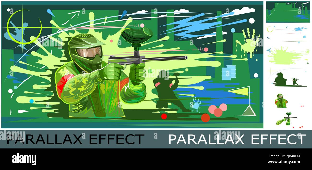 Paintball-Spieler in Maske. Teamkampf. Bild aus Ebenen für Überlagerung mit Parallaxe-Effekt. Kugelfarbe. Waffen im Kampf. Blots und Spritzer. Malen Stock Vektor