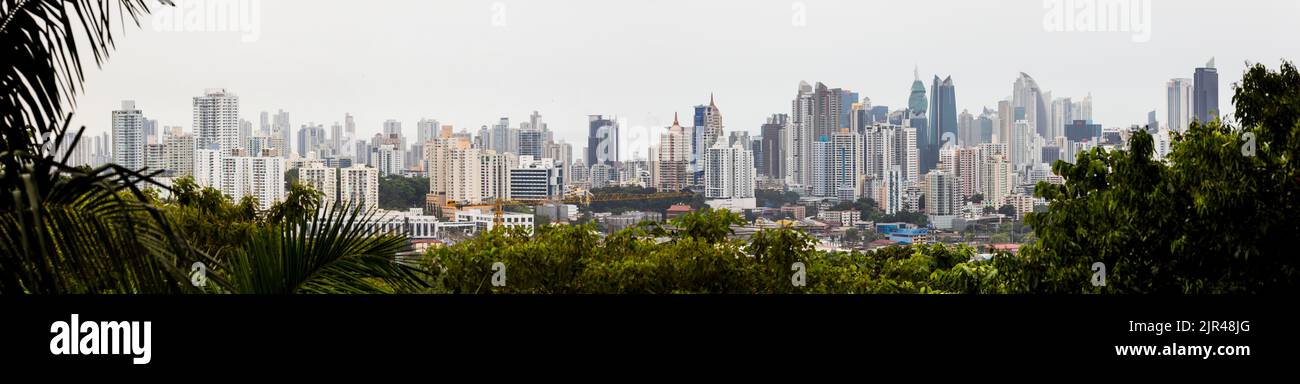 Panoramablick auf die Skyline von Panama City, vom Metropolitan Park aus gesehen, Republik Panama, Mittelamerika. Stockfoto