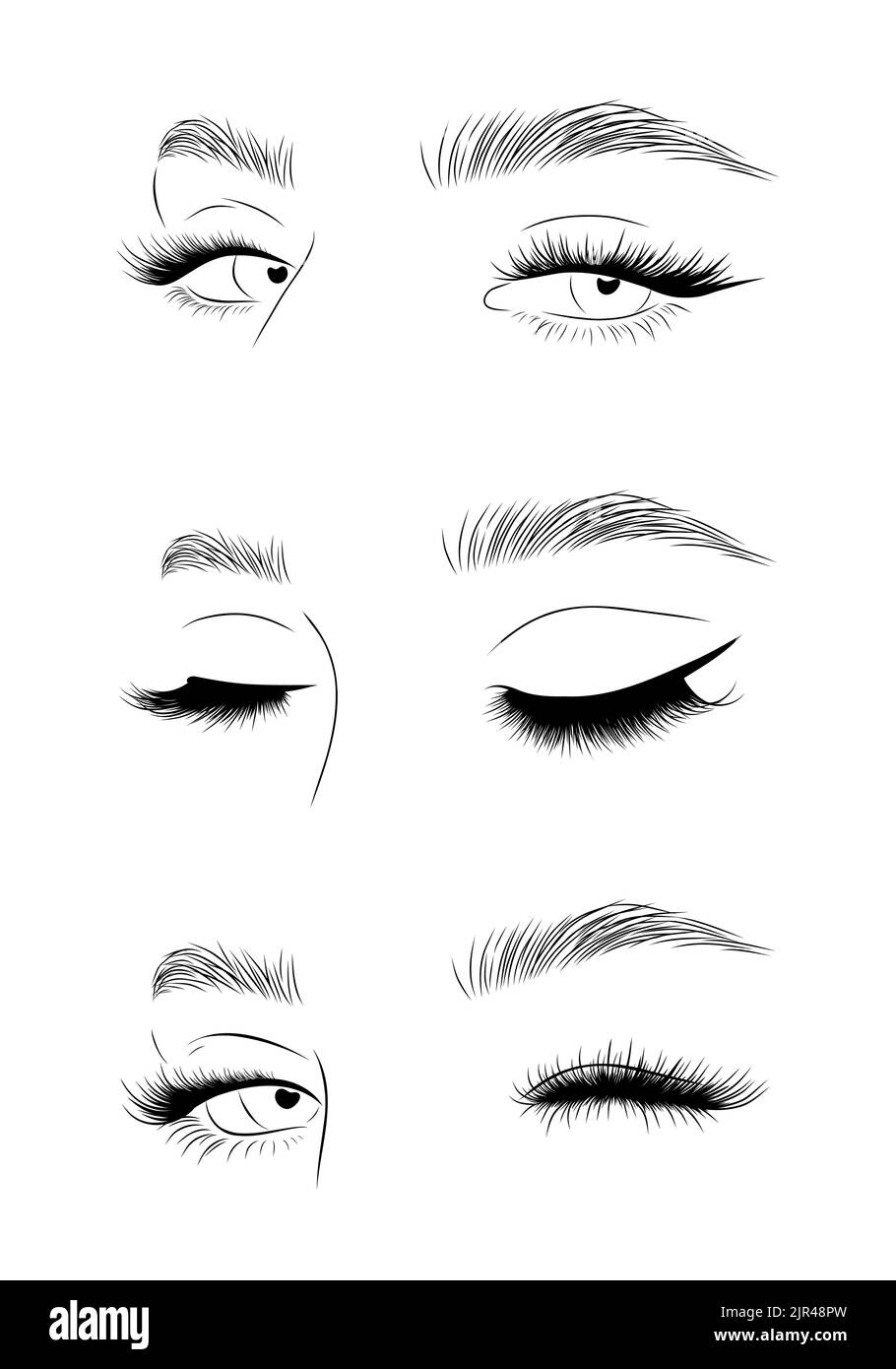 Set von realistischen Frauen Augen. Weibliche Wimpern und Augenbrauen. Laminierung und Verlängerung Wimpern. Logo von Beauty Studio. Linearer Vektor Illustration in trendy Stock Vektor
