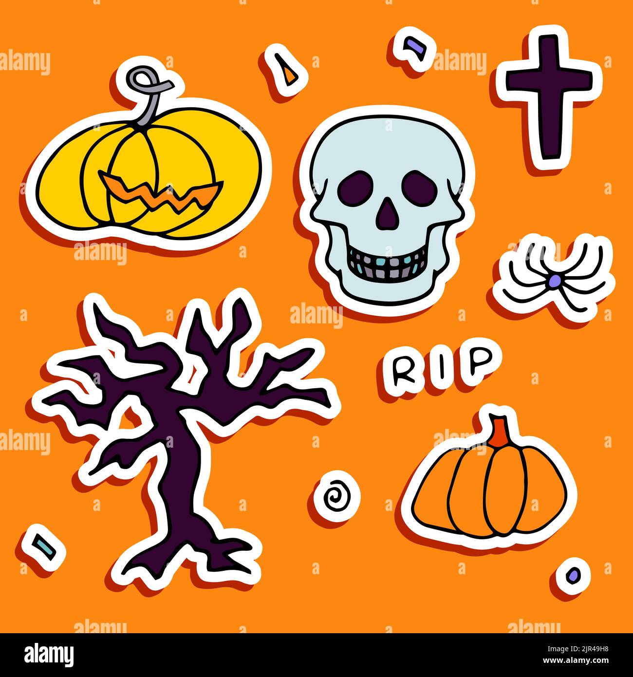 Doodle Halloween Aufkleber Set. Handgezeichneter Herbstkürbis, Spinne, Baum, Kreuz, Schädel auf orangefarbenem Hintergrund. Niedliches gruseliges Horror-Banner für Herbstferien, Stock Vektor