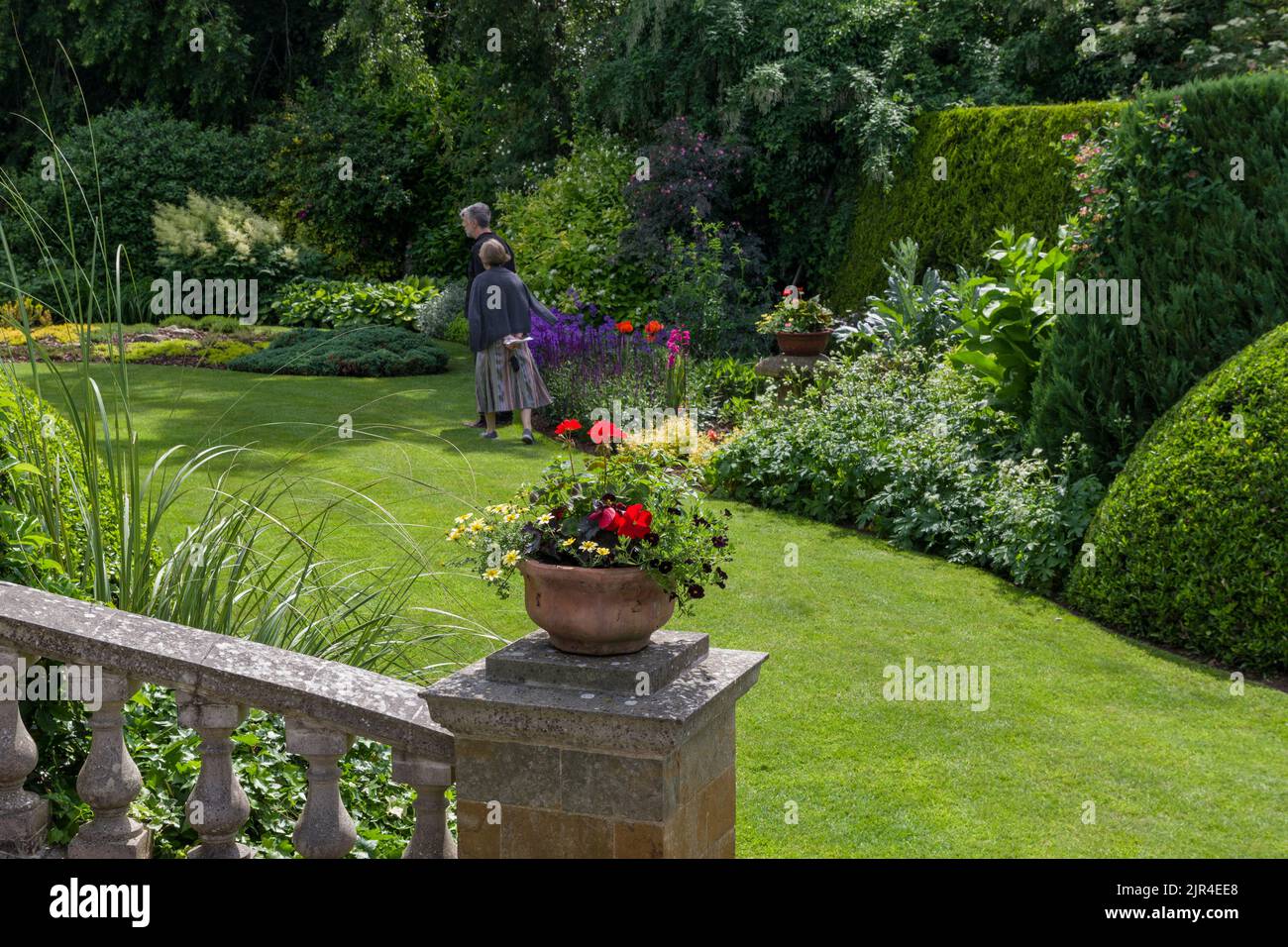 Typischer englischer Vorstadtgarten im Sommer, auf Rasen gelegt, krautige Ränder und Bäume, Gayton Village, Northamptonshire; Teil des offenen Gartenkonzepts Stockfoto