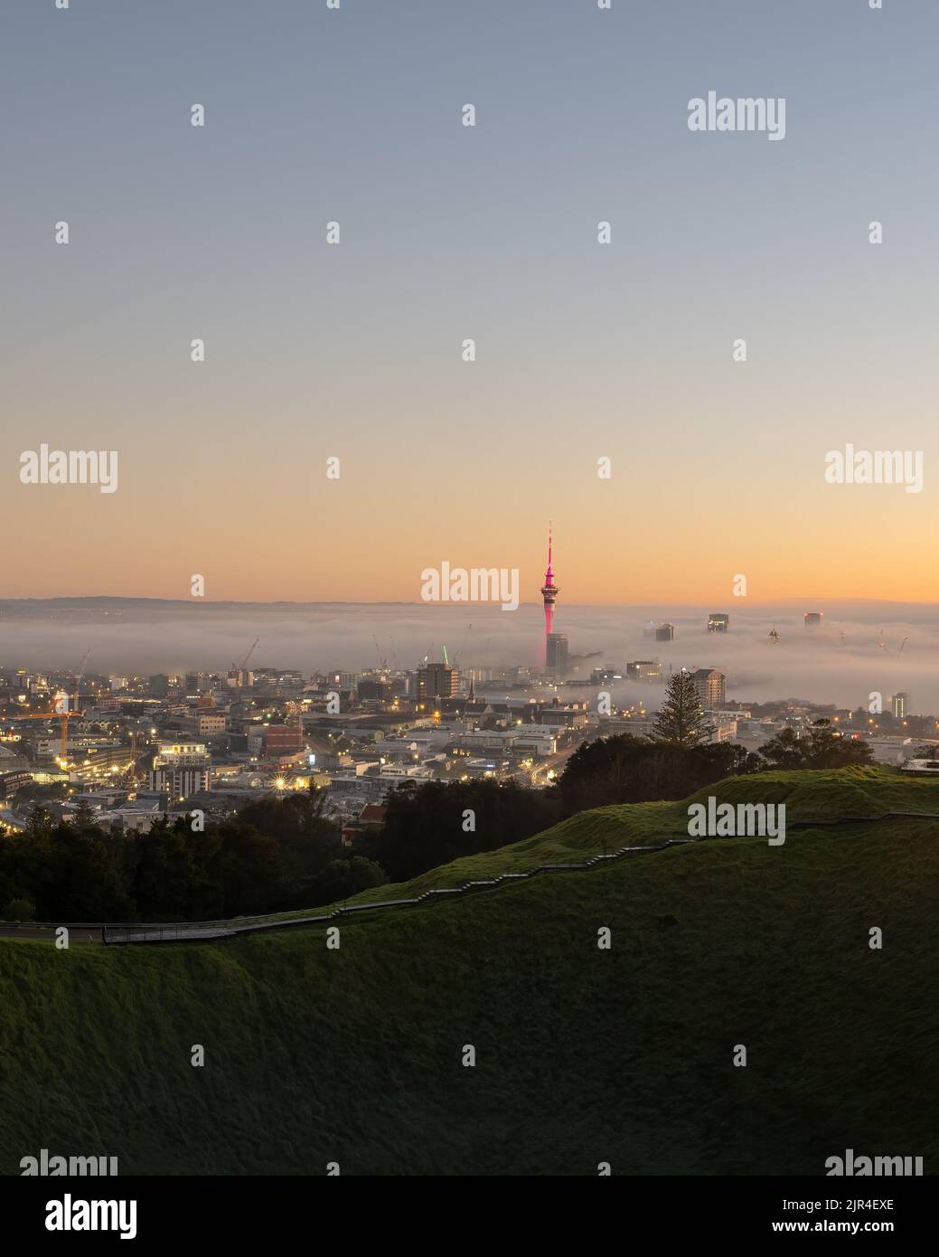 Sky Tower in Pink und Auckland City im Nebelmeer, vom Mount Eden Summit. Vertikales Format. Stockfoto