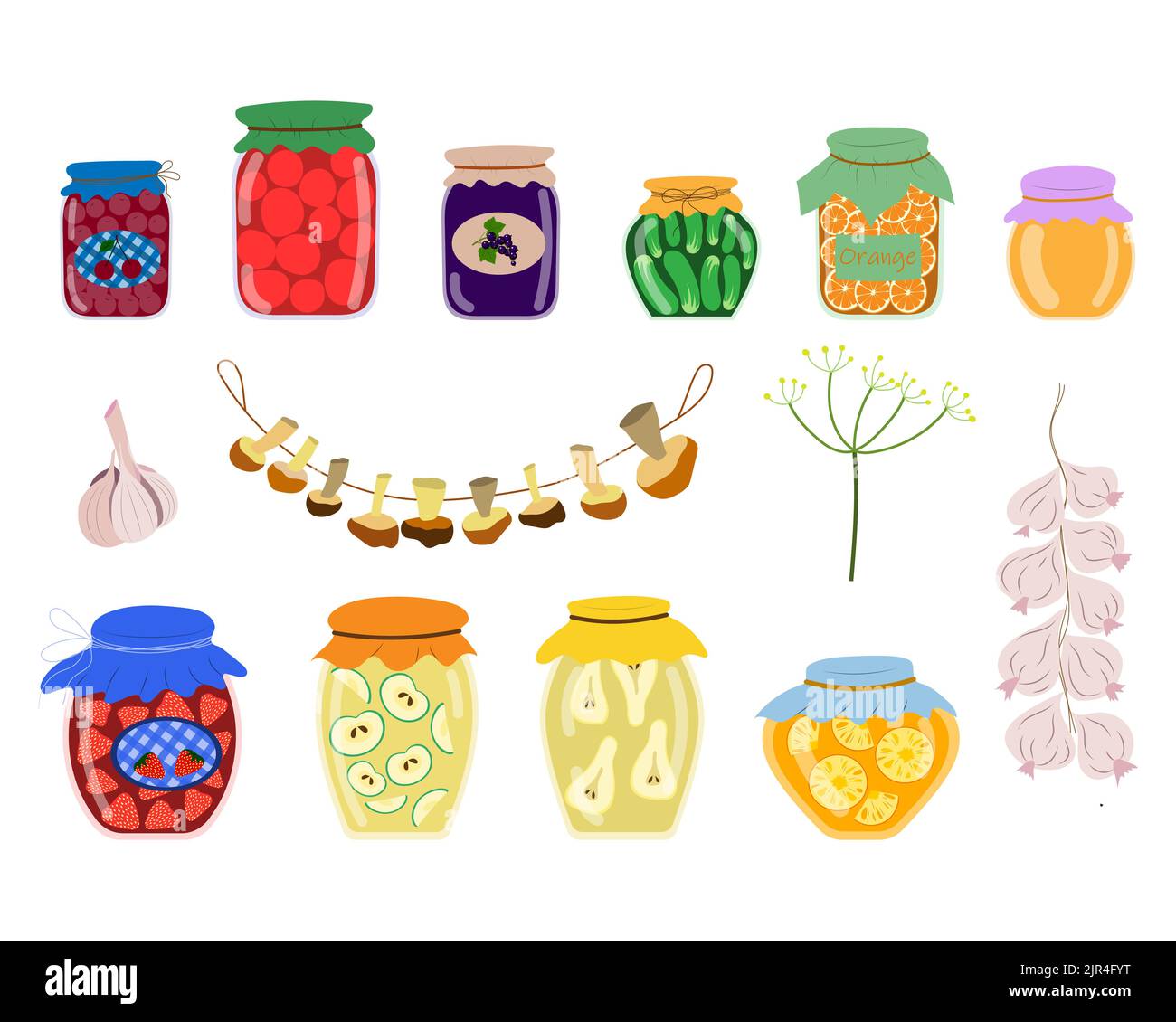 Eine Reihe von Vorbereitungen für den Winter, Gläser mit Marmelade und Gurken, getrocknete Pilze, ein Knoblauchbündel im Cartoon-Stil Stock Vektor