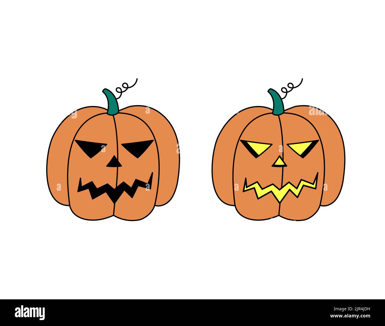 Halloween Kürbis Laterne Kritzeleien Set. Geschnitzte Jack-o-Laterne glühend und unbeleuchtet. Halloween-Symbol isoliert. Farbige, handgezeichnete Vektorgrafik. Stock Vektor