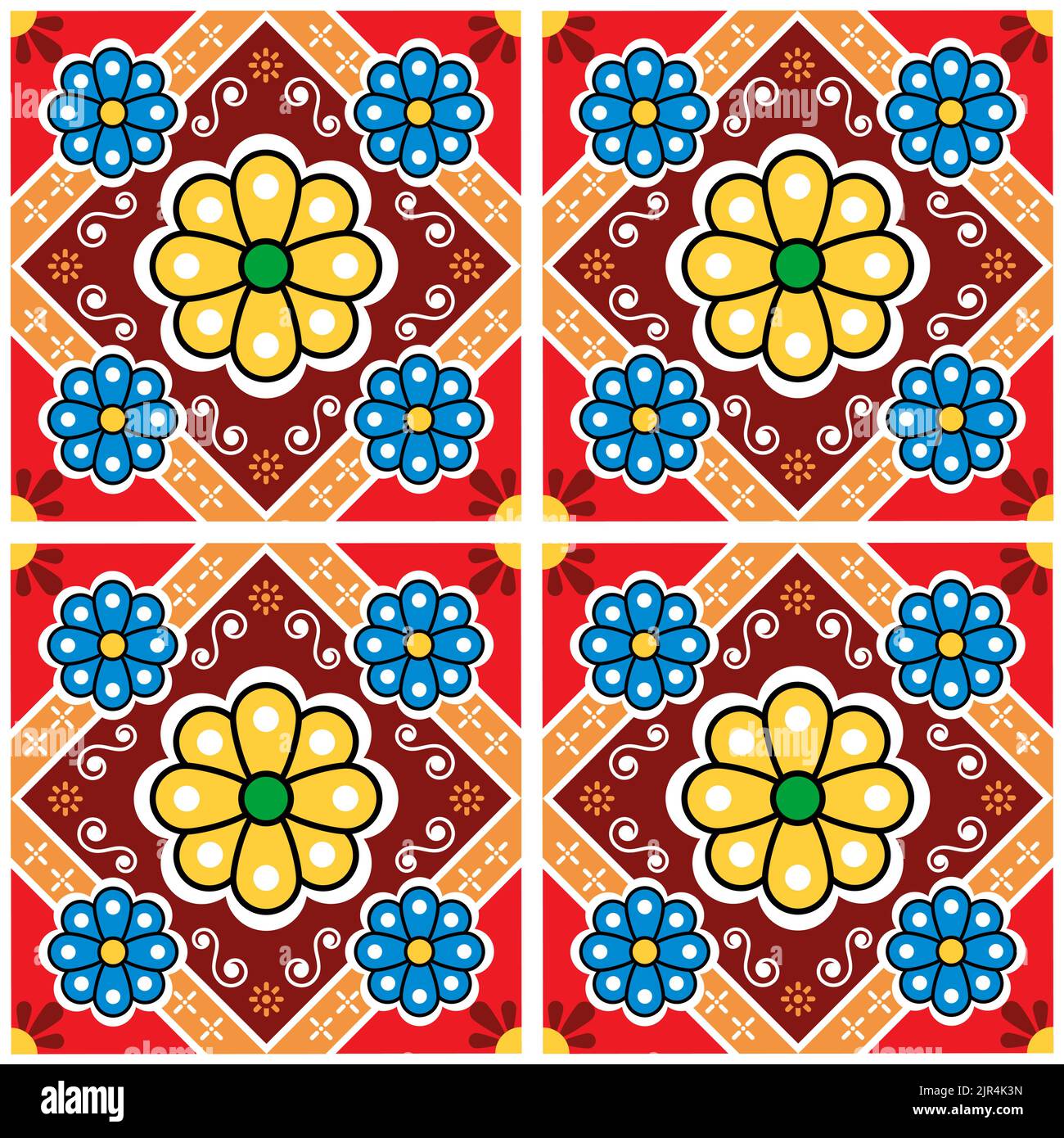Florale Fliesen Nahtloses Vektor-Muster inspiriert von der Volkskunst aus Mexiko - talavera, perfekt für Tapeten, Textilien oder Stoffdrucke Stock Vektor