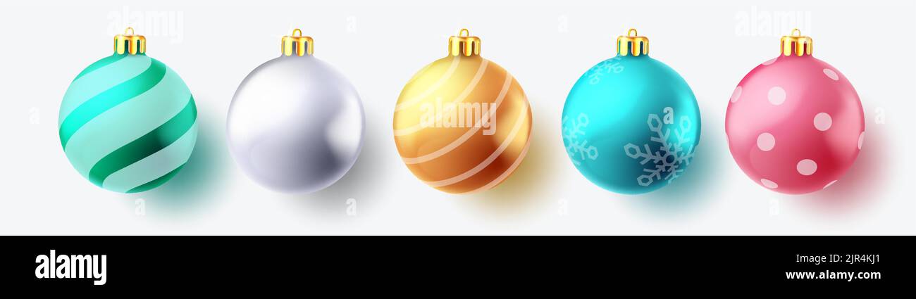 Weihnachtskugeln Vektor-Set-Design. Weihnachtskugel Ornament mit bunten Muster Dekoration isoliert in weißem Hintergrund für 3D Weihnachten Dekor Kollektion. Stock Vektor
