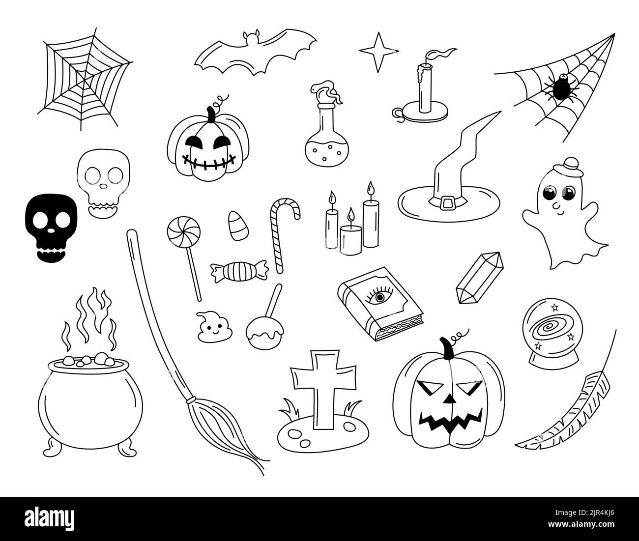 Halloween Vektor Kritzeleien Set. Handgezeichnete schwarz-weiße Gruselelemente isoliert. Halloween Scribble umreißen Objekte pumkin Laterne, Hexenkessel an Stock Vektor