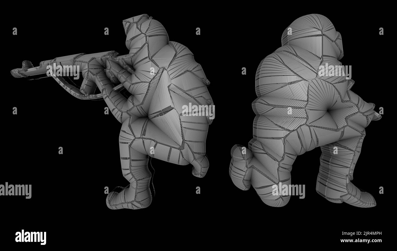 3D Illustration und Konzeptualisierung bewaffneter Soldaten in defensiven Positionen mit modernen Waffen. Stockfoto