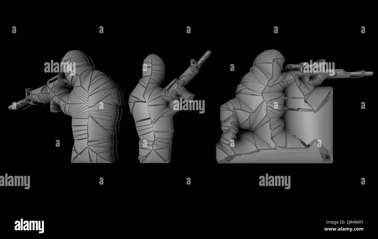 3D Illustration und Konzeptualisierung bewaffneter Soldaten in defensiven Positionen mit modernen Waffen. Stockfoto