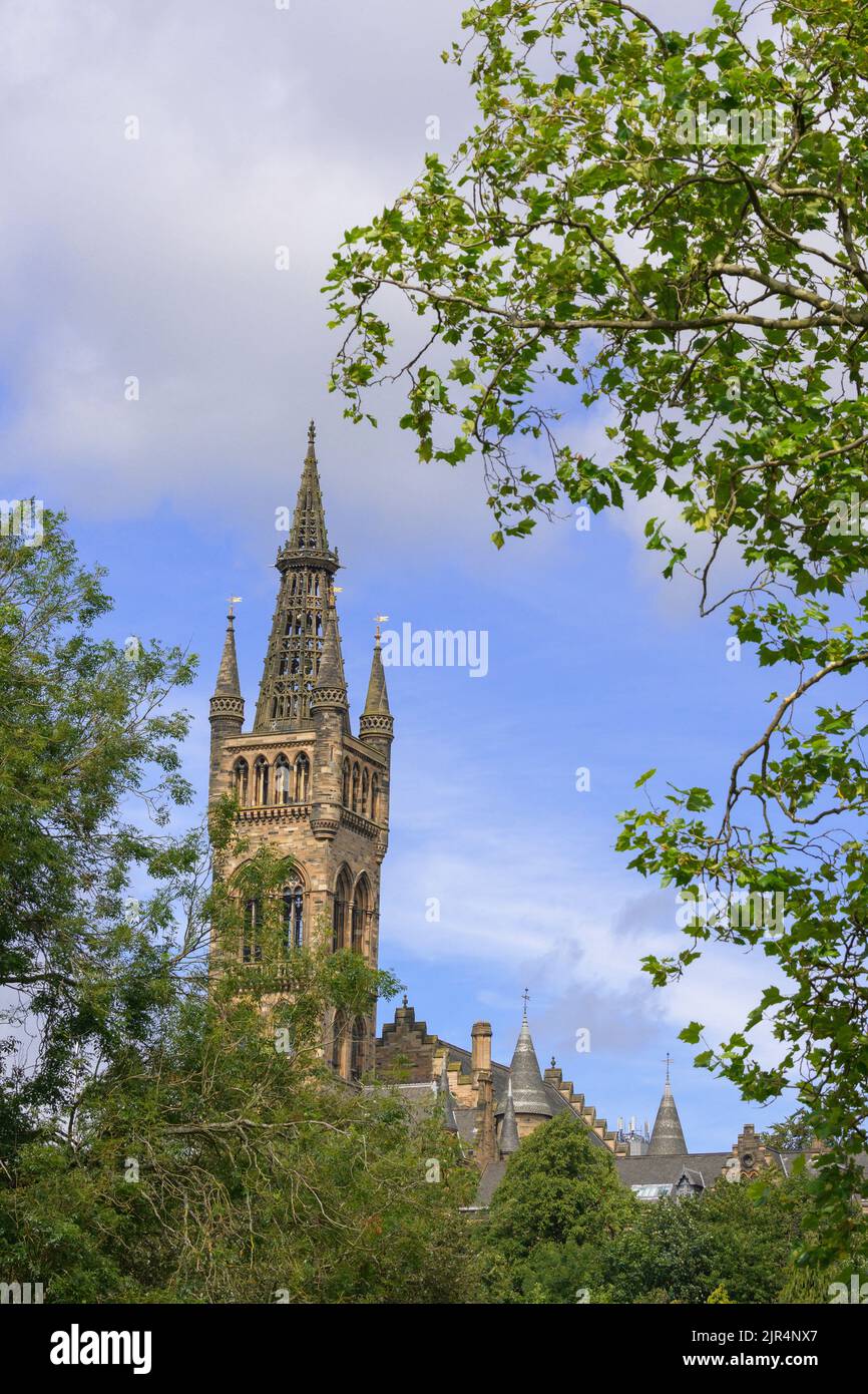 Blick auf den Turm der Glasgow University vom Kelvingrove Park Glasgow Scotland Stockfoto