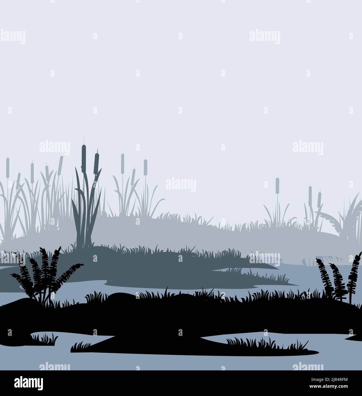 Nebel im Sumpf. Dickicht aus Schilf. Sumpflandschaft. Blick auf das Flussufer. Silhouettenbild. Vektor. Stock Vektor