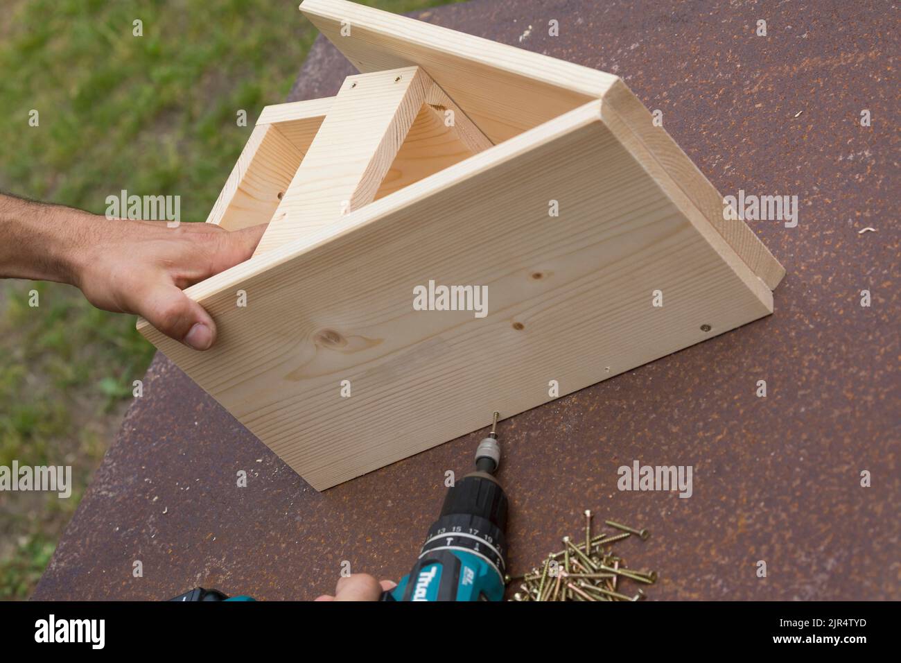 Nestkastenserie, Schritt 5/13: Die Dachplatten rückseitig bündig mit der Rückwand verschrauben Stockfoto
