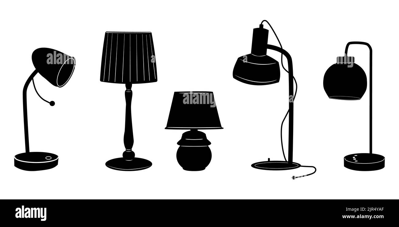 Symbol für Tischleuchten eingestellt. Silhouetten der Lampe. Haus, Nacht, Hotel oder Büro Schreibtisch Lampenschirm.Schreibtisch Lampe Schild.Beleuchtungsgeräte Symbol.Elektrische Innenmöbel Stock Vektor