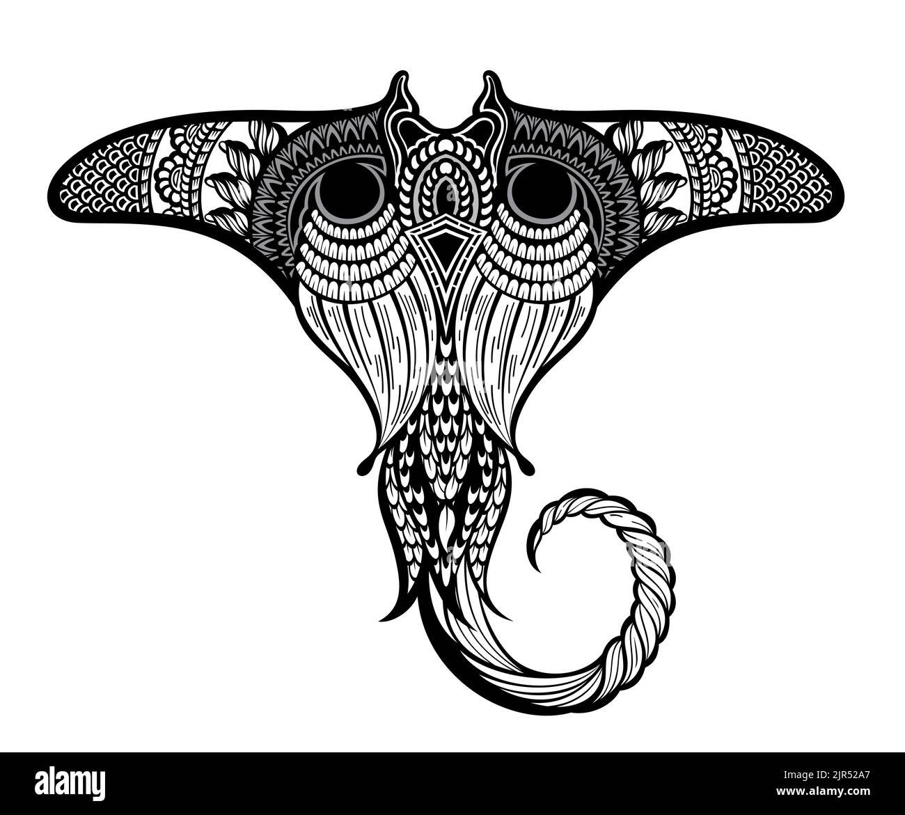 Manta ray im Maori-Stil. Tattoo Skizze Tribal Ethno Stil. Tattoo für Taucher. Abstraktes Design für Tasse, T-Shirt, Handytasche. Ideal zum Drucken, Poster Stock Vektor