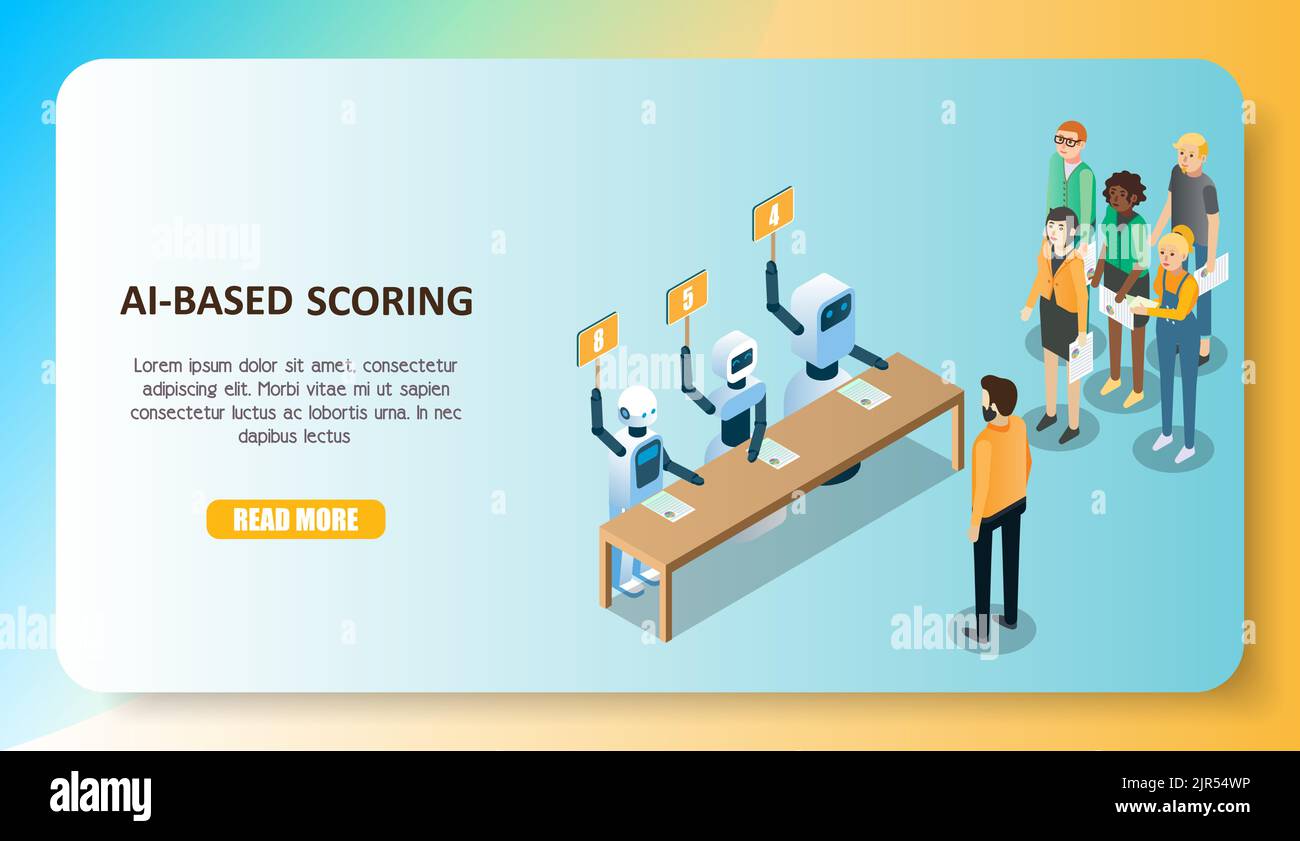 KI-basiertes Scoring-Konzept. Vektor isometrische Illustration von ai Roboter Maschinen halten Schilder mit Zahlen und Menschen warten in der Warteschlange für die Maschine Stock Vektor