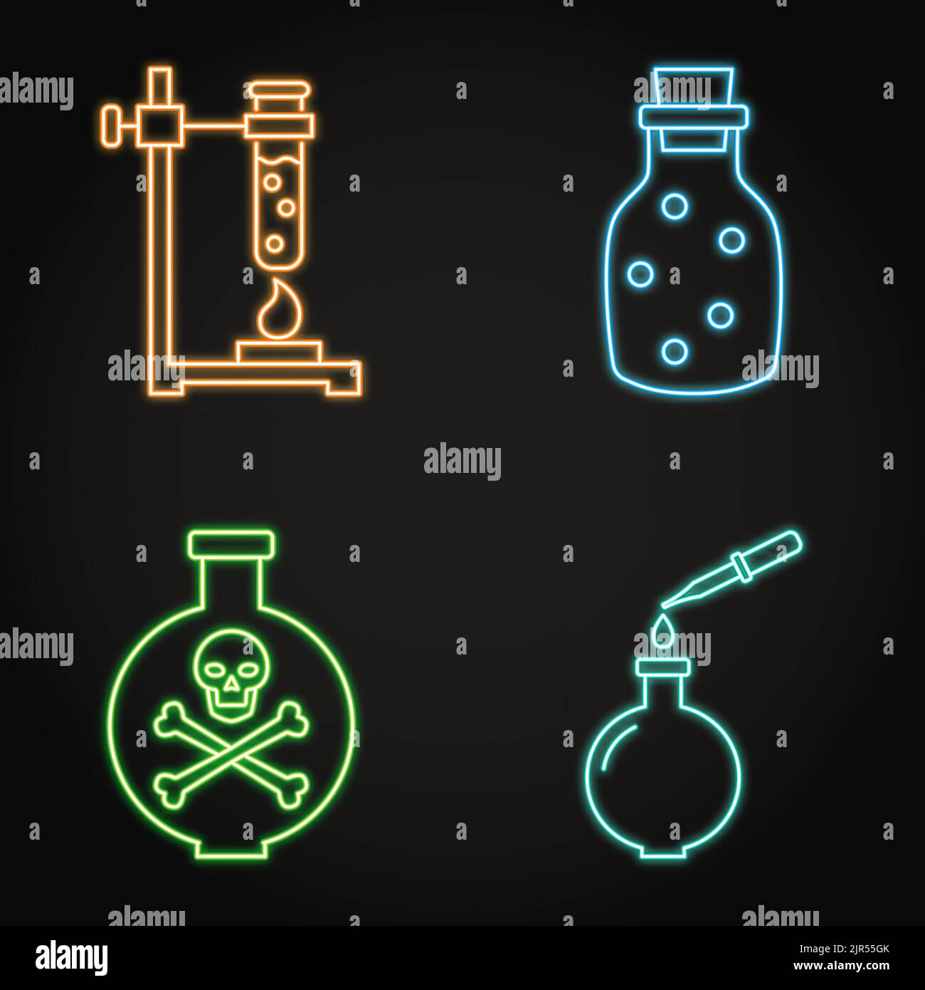 Neon Chemie Science-Ikone im Linienstil. Chemische Laborgeräte für Experimente. Vektorgrafik. Stock Vektor