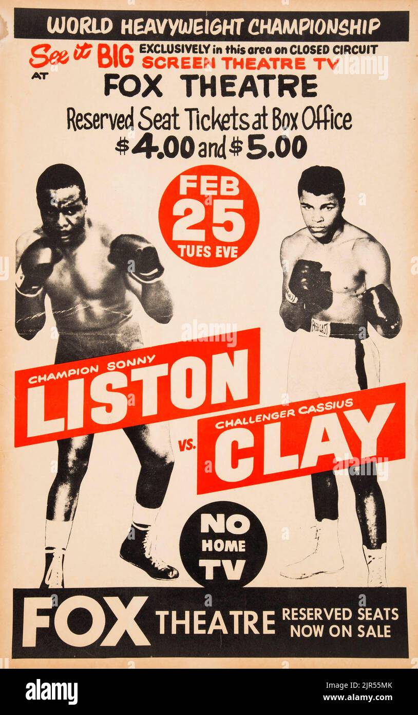 1964 Cassius Clay vs. Sonny Liston – Plakat zum Kampf auf geschlossenem Stromkreis Stockfoto