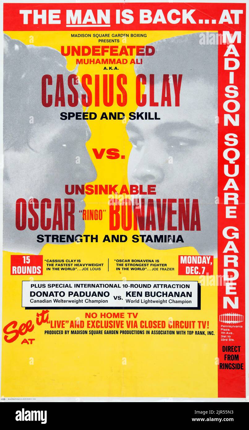 1970 Cassius Clay (Muhammad Ali) gegen Oscar Bonavena Kampfplakat Stockfoto