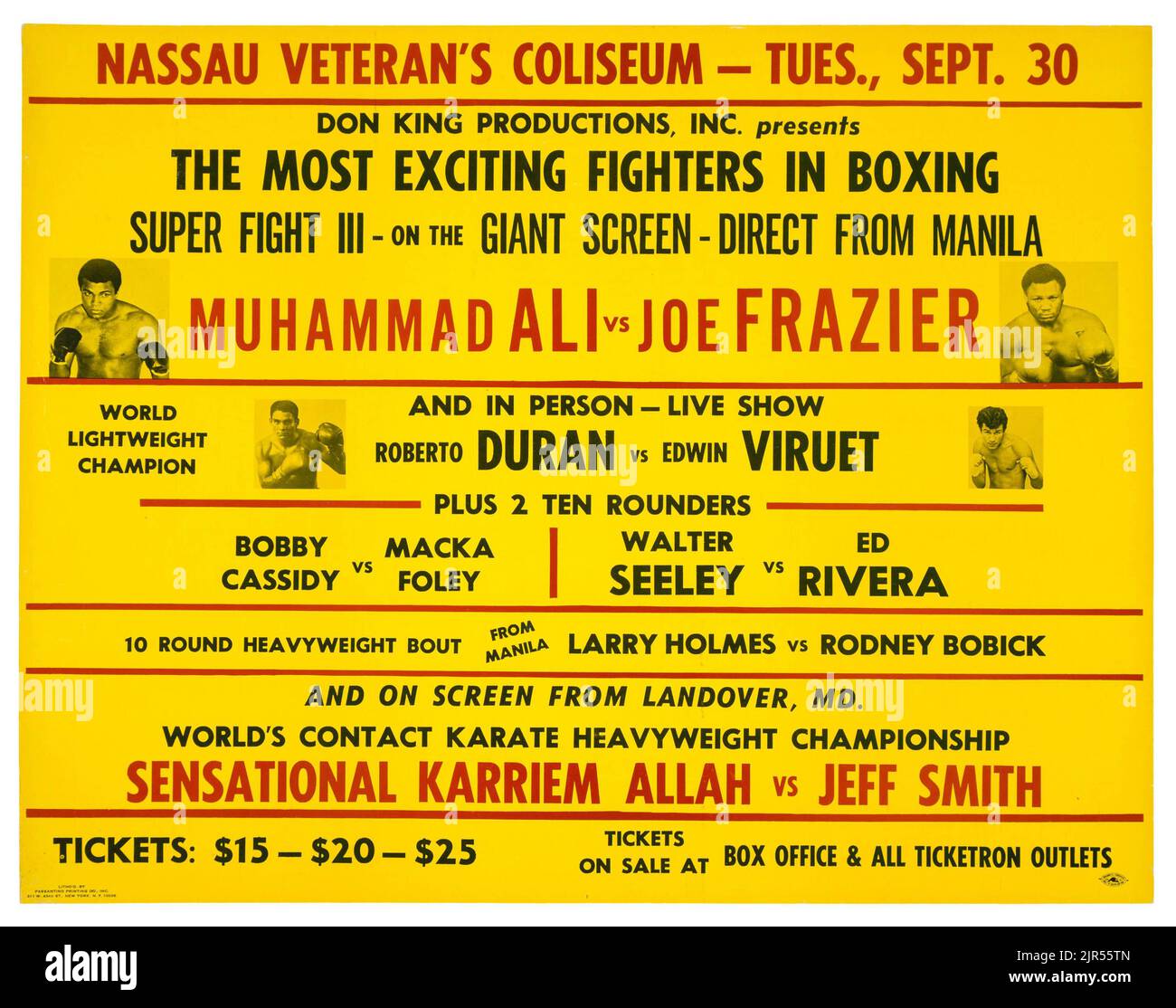 1974 Muhammad Ali vs. Joe Frazier Closed Circuit Fight Poster - gelber Hintergrund Stockfoto