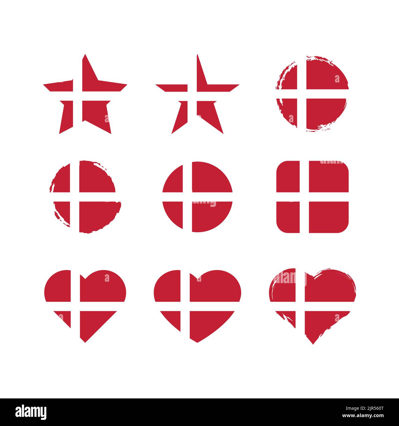 Dänemark Vektorkreis und Herzflagge gesetzt. Dänische Trockenbürste und Grunge-Effekt-Stempelflaggen. Stock Vektor
