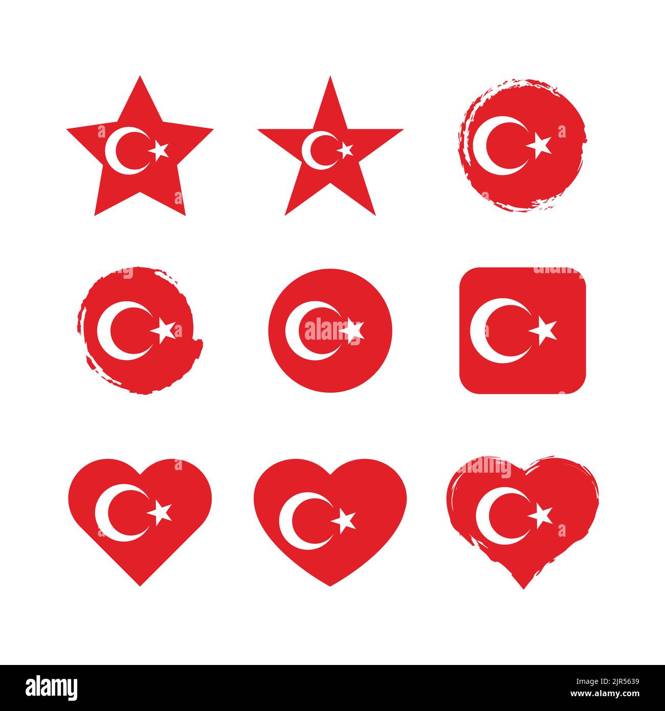 Türkei Vektorkreis und Herzflagge gesetzt. Türkische trockene Pinsel und Grunge-Effekt Stempel Flaggen. Stock Vektor