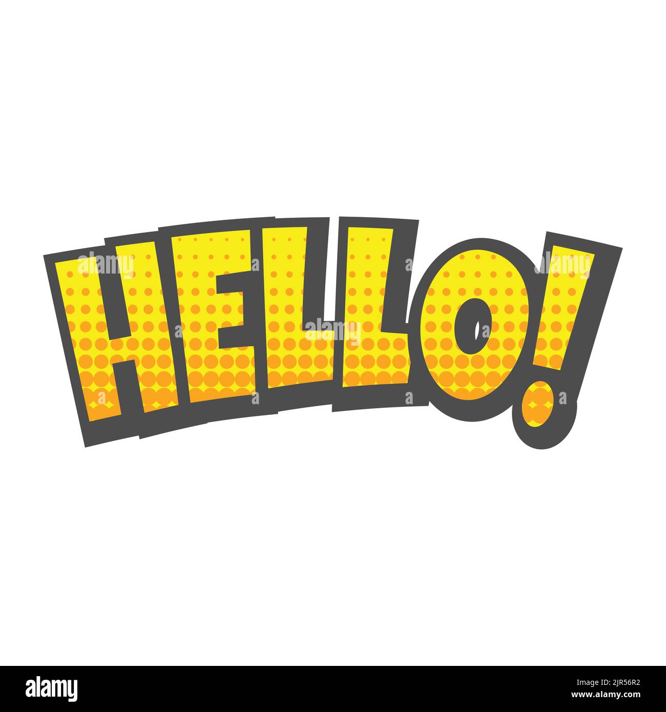 Hallo! 3D Buchstaben mit Halbtonvektor. Hello Schriftzug bunte Pop Art Stock Vektor