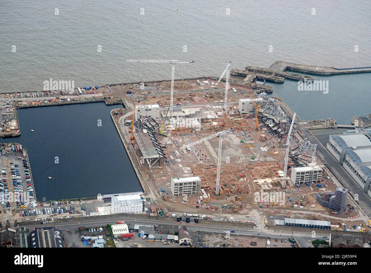 Eine Luftaufnahme des neuen im Bau befindlichen Everton Stadions, Seaforth Docks, Merseyside, Liverpool, Nordwestengland Stockfoto