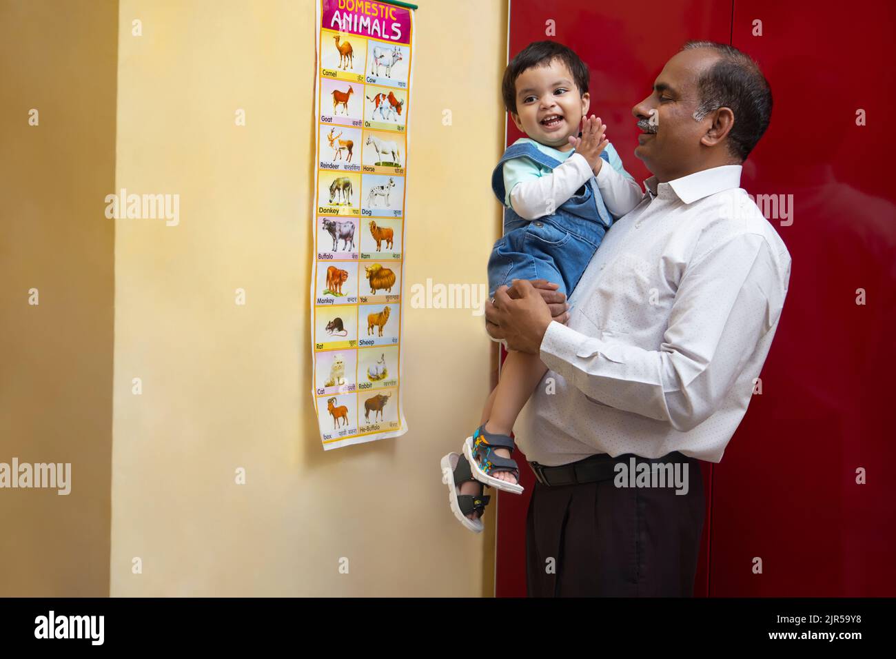 Enkelkind erkennt den Namen von Haustieren mit Großvater Stockfoto