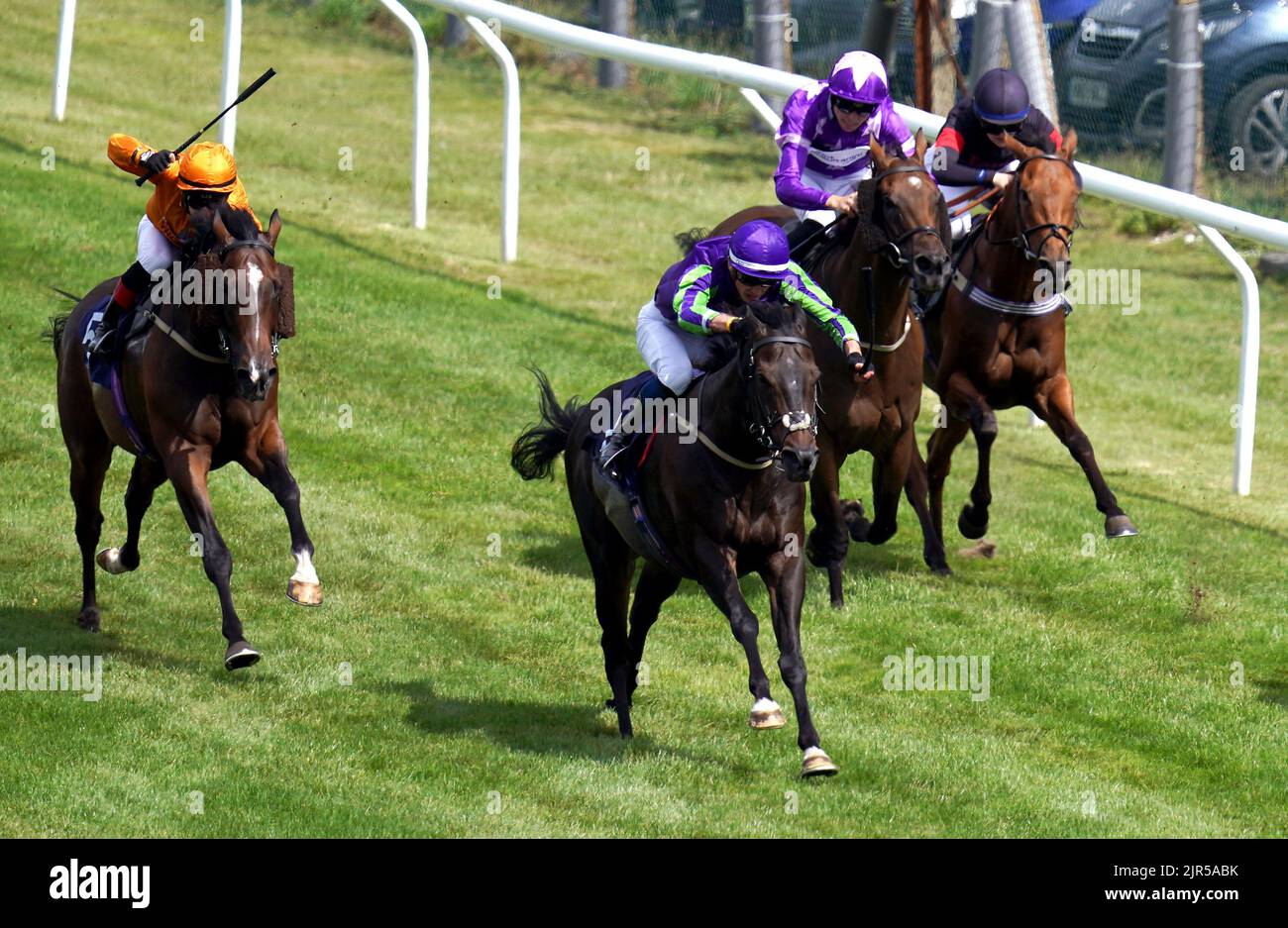 Haveoneyerself geritten von Jockey Luke Catton (Mitte) gewinnt die Follow @Attheraces auf Twitter Apprentice Handicap auf der Rennbahn Brighton, Brighton. Bilddatum: Montag, 22. August 2022. Stockfoto