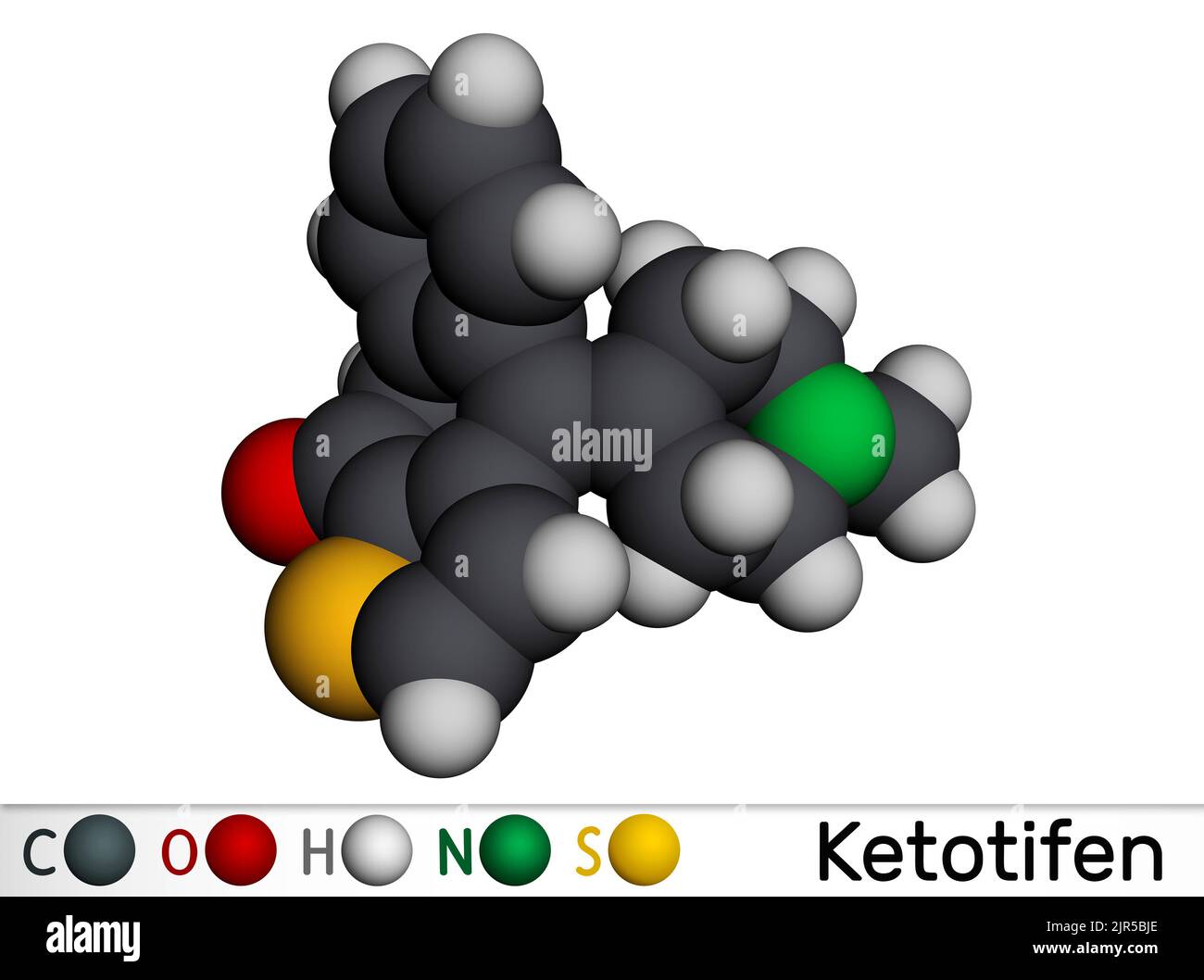 Ketotifen, Histamin-H1-Rezeptor-Blocker-Molekül. Es wird verwendet, um atopisches Asthma, allergische Konjunktivitis zu behandeln. Molekularmodell. 3D Rendern. Illustra Stockfoto