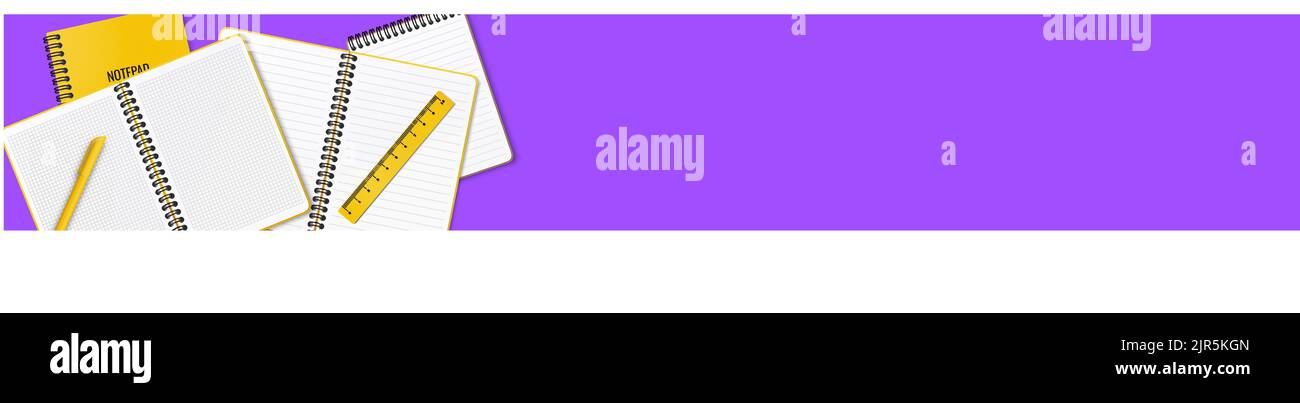 Auf dem Tisch liegen offene und geschlossene Notizbücher oder Notizblöcke, ein Stift und ein Lineal nach dem Zufallsprinzip angeordnet. Abbildung auf einem rosa oder violetten Hintergrund. Platz für Sie Stock Vektor