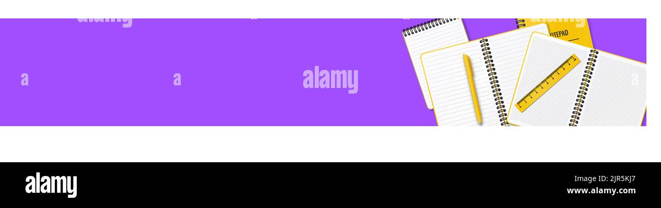 Auf dem Tisch liegen offene und geschlossene Notizbücher oder Notizblöcke, ein Stift und ein Lineal nach dem Zufallsprinzip angeordnet. Abbildung auf einem rosa oder violetten Hintergrund. Platz für Sie Stock Vektor
