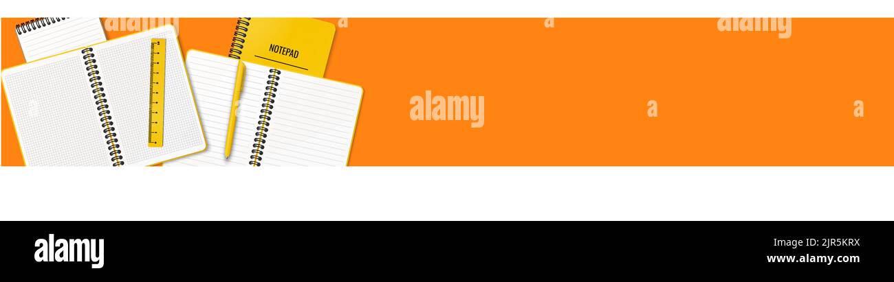 Auf dem Tisch liegen offene und geschlossene Notizbücher oder Notizblöcke, ein Stift und ein Lineal nach dem Zufallsprinzip angeordnet. Abbildung auf orangefarbenem Hintergrund. Ort für Ihren Text. Stock Vektor