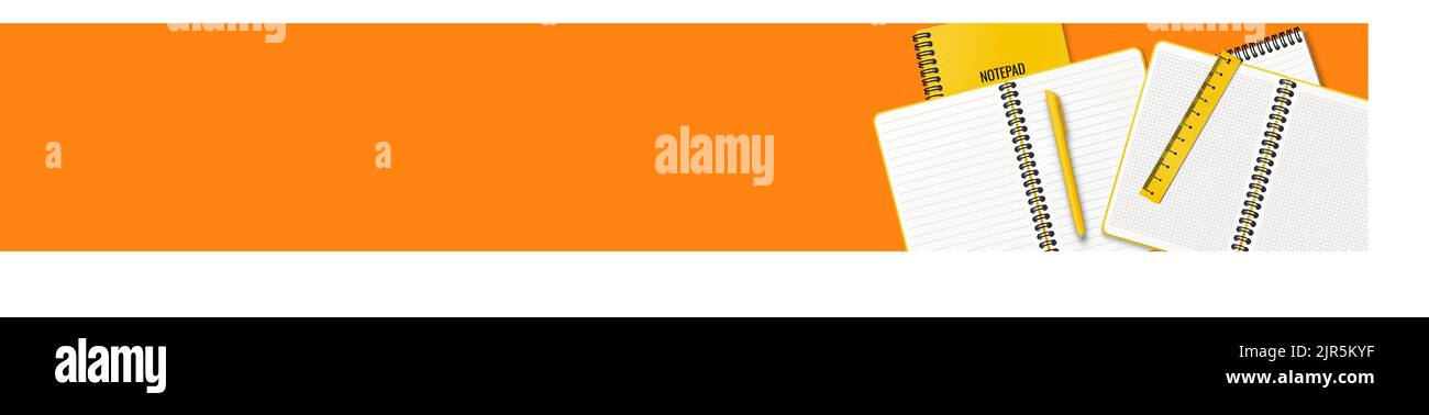 Auf dem Tisch liegen offene und geschlossene Notizbücher oder Notizblöcke, ein Stift und ein Lineal nach dem Zufallsprinzip angeordnet. Abbildung auf orangefarbenem Hintergrund. Ort für Ihren Text. Stock Vektor