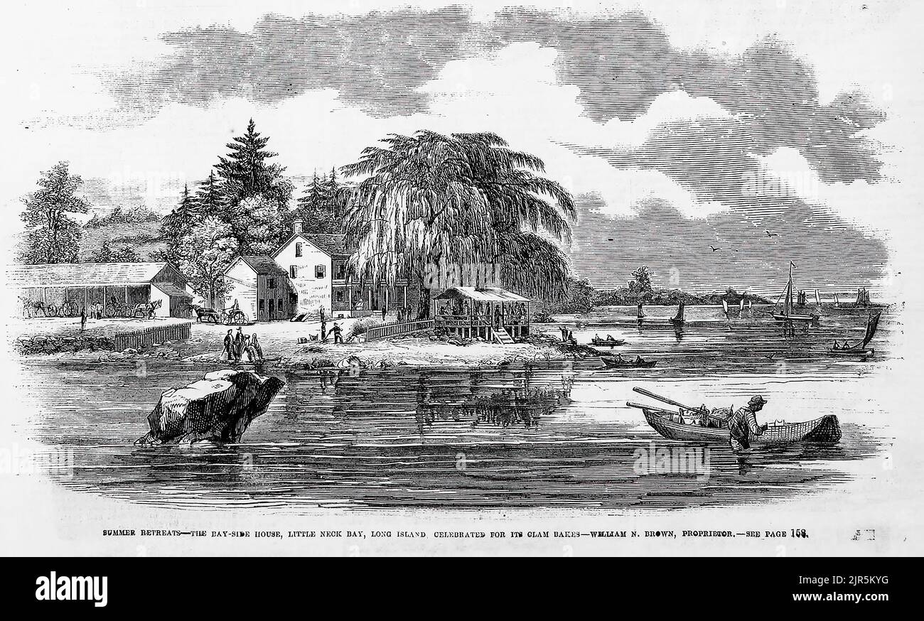 Sommerurlaube - das Haus an der Bay, Little Neck Bay, Long Island, New York, das für seine Muschel-Bakes gefeiert wird - William N. Brown, Eigentümer (1860). 19.. Jahrhundert Illustration aus Frank Leslie's Illustrated Newspaper Stockfoto