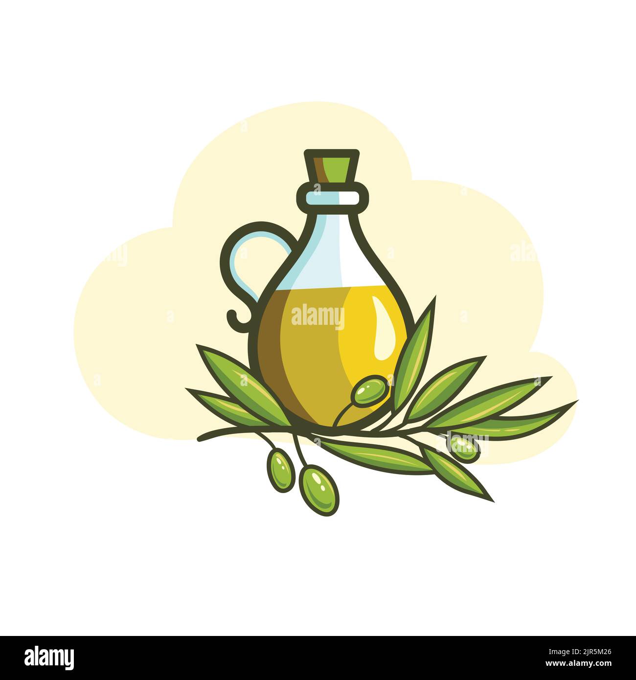 Grüne Blätter und Früchte von Oliven mit einer Flasche Ölsymbol isoliert auf weißem Hintergrund Stock Vektor