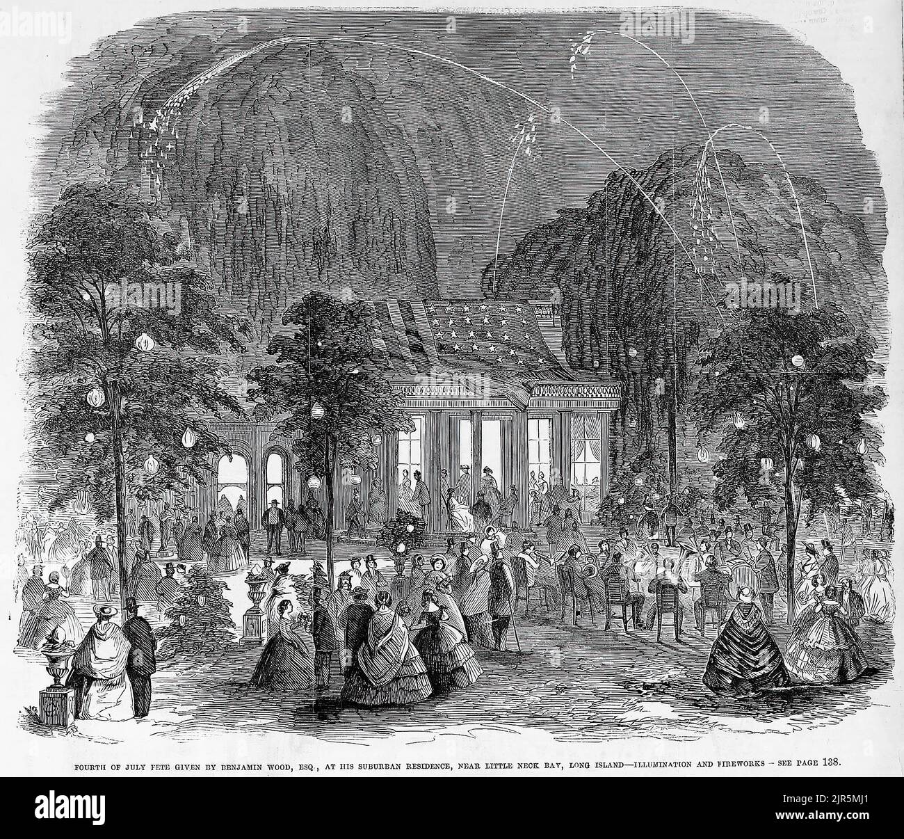 Das Fete vom 4. Juli, das Benjamin Wood in seiner Vorstadtwohnung in der Nähe von Little Neck Bay, Long Island, New York gegeben hat - Beleuchtung und Feuerwerk. 4.. Juli 1860. 19.. Jahrhundert Illustration aus Frank Leslie's Illustrated Newspaper Stockfoto